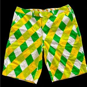 Loudmouth Golf Men's Size 38 Golf Flat Front Retro Shorts - Green and Yellow.